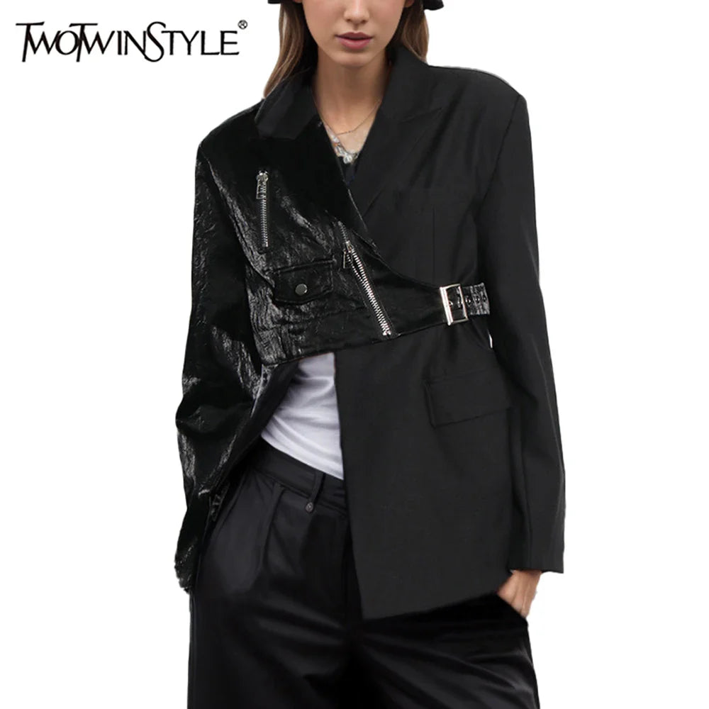 Solid Spliced Zipper Irregular Jackets for Women Lapel Long Sleeves Patchwork Pockets Fshion Jacket Female Clothing