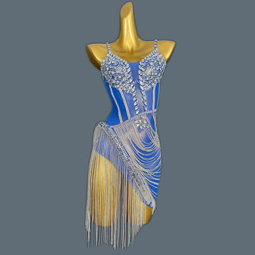 Women Shiny Blue Crystal Chain Diamonds Dress Elastic Sexy Mini Night Club Performance Costume Birthday Party Dress Tassel Liehu