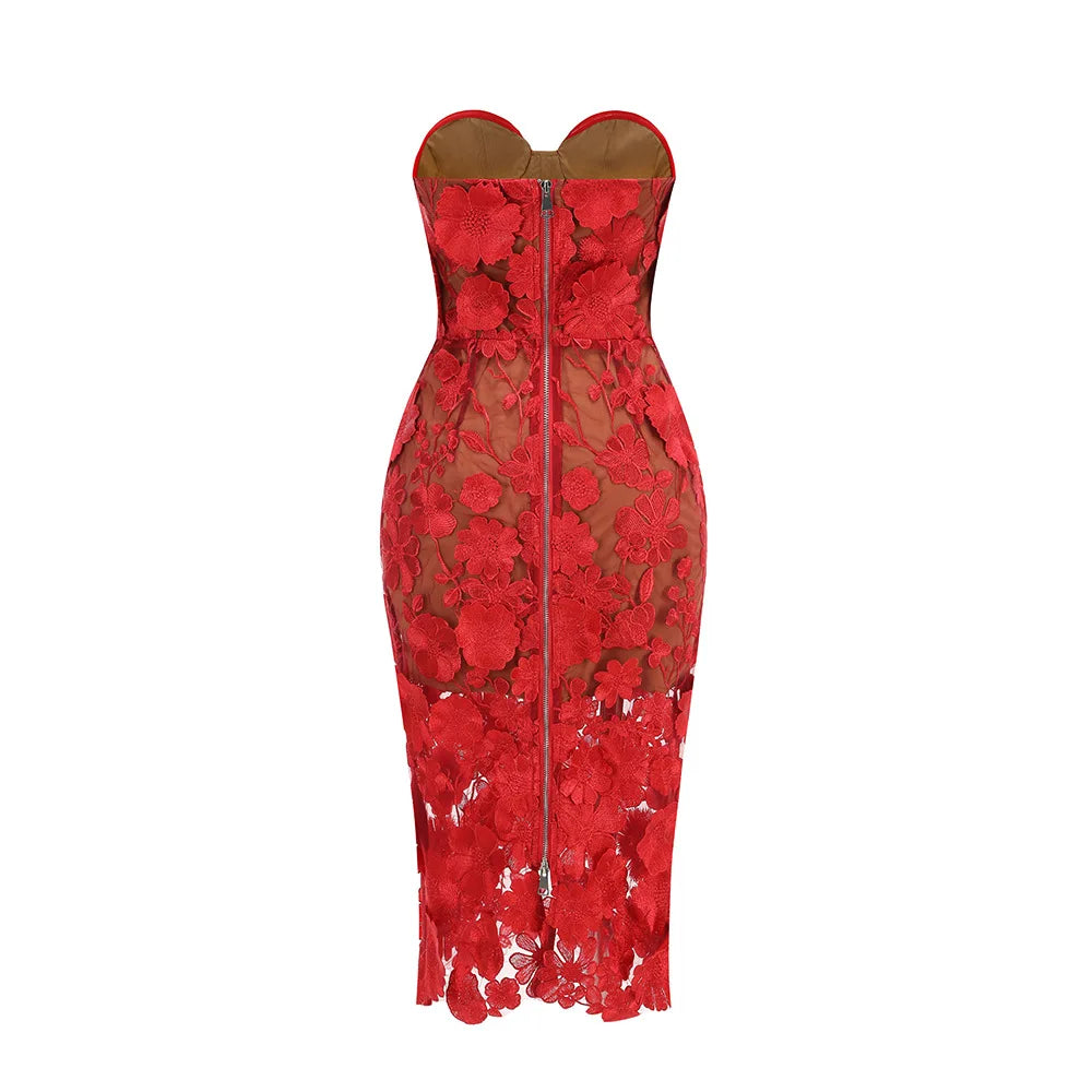 Red White Color Women Sexy Strapless Embroidery Bodycon Midi Dress Celebrate Nightclub Party Evening Birthday Dress Wholesale