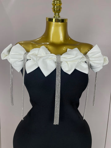 2025 Women Celebrity Sexy Off Shoulder Flower Diamonds Black Bow Tie Maxi Long XL Bandage Dress Elegant Evening Club Party Dress