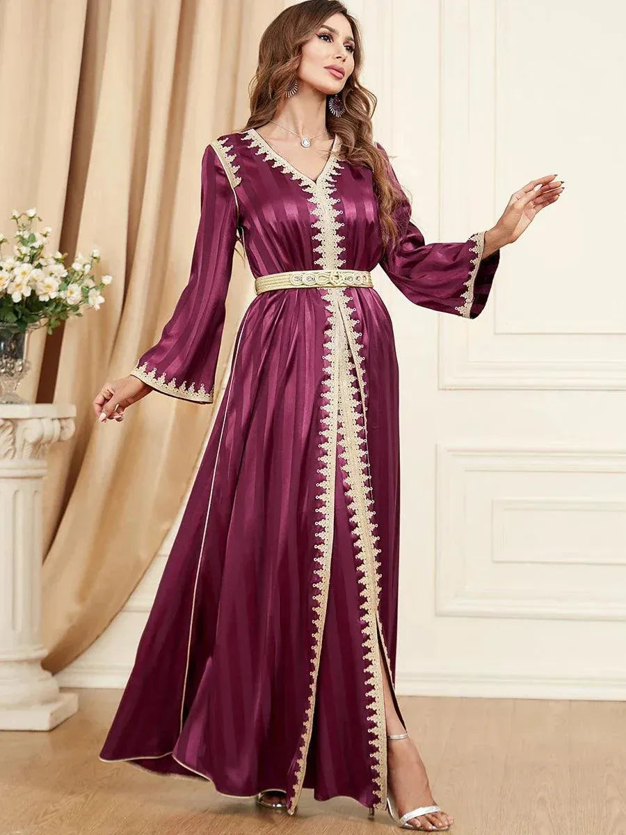 Ramadan Satin 2 Piece Caftan Set Muslim Abaya Solid Tape Trim Full Sleeve V-Neck Elegant Sashes Turkish Arabic Dresses Burgundy Dress