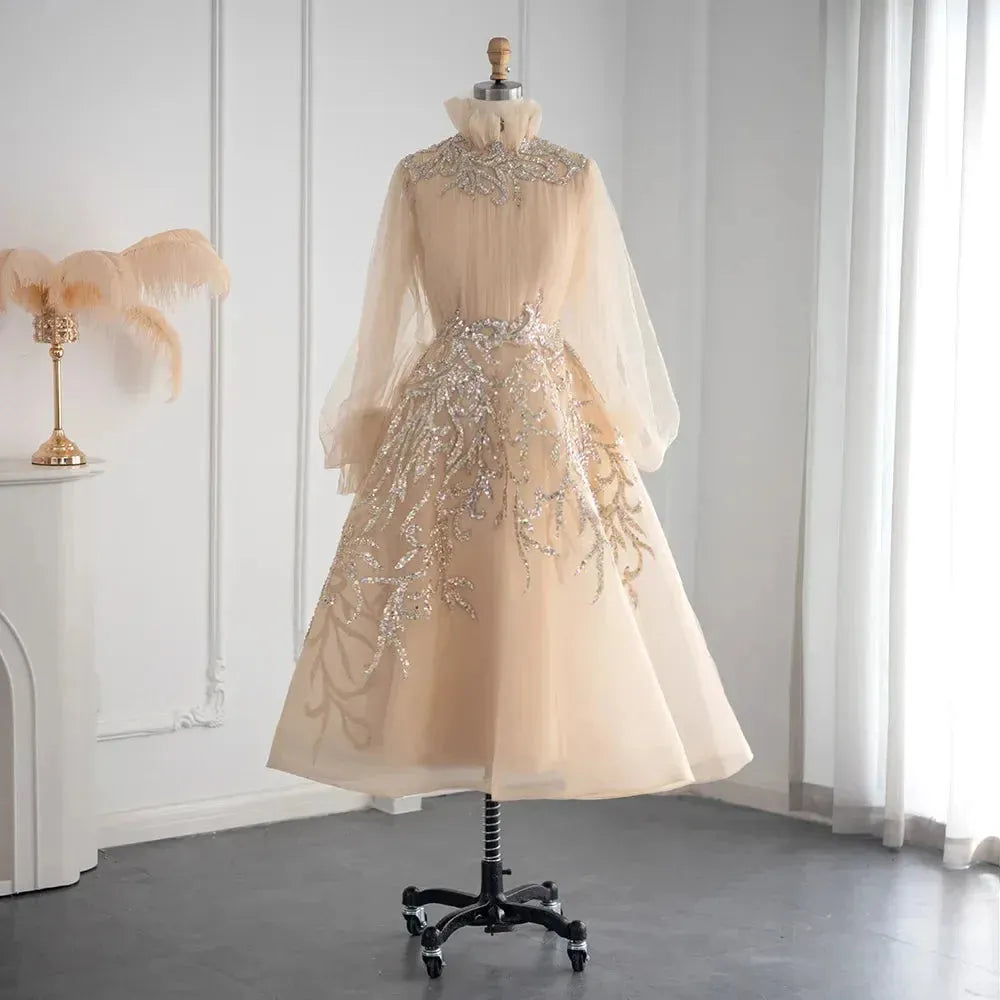 Champagne Long Sleeve Muslim Evening Dresses Luxury Dubai Midi Short Arabic Formal Gowns for Wedding Party Evening Dress