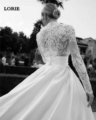 Long Sleeve High Neck Lace Wedding Dress A Line Princess Bride Dresses Vestidos de novia Satin Muslim Wedding Gown