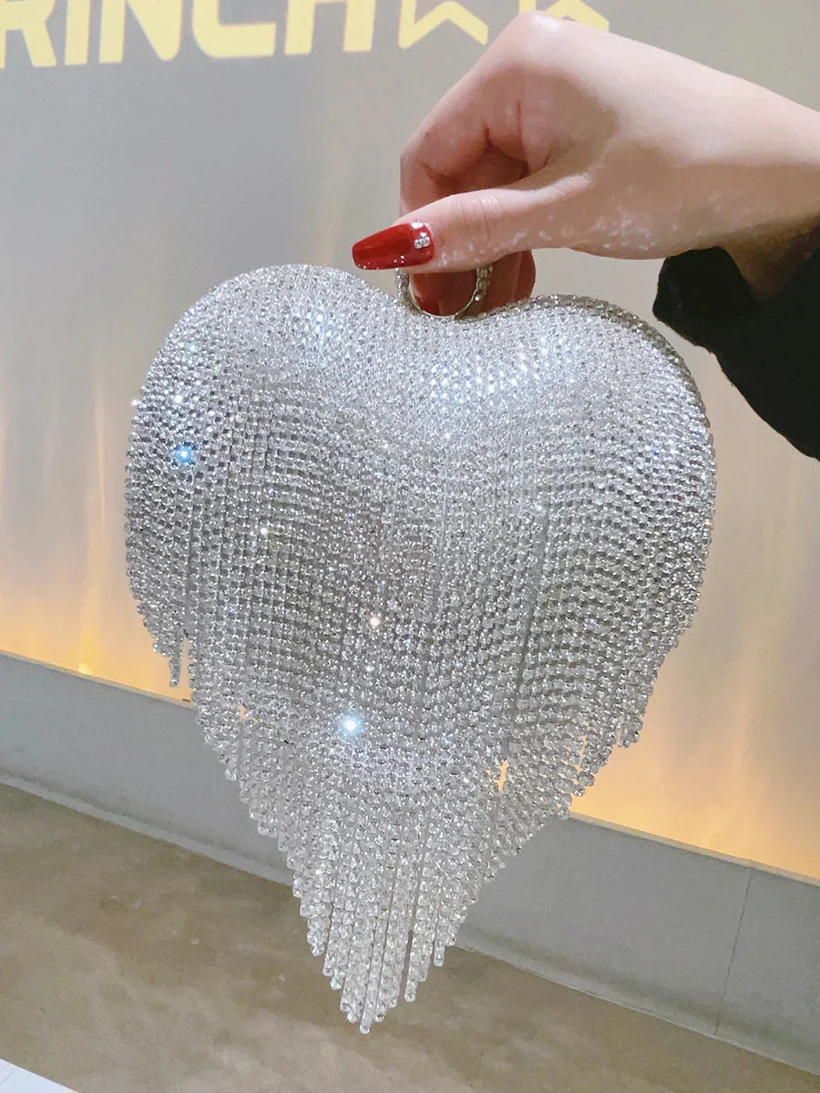 Rhinestone Clutch Heart Shape Luxury Tassel Evening Purse Bag Diamond Wedding Party Handbag Sliver Gold Handle Evening Bag