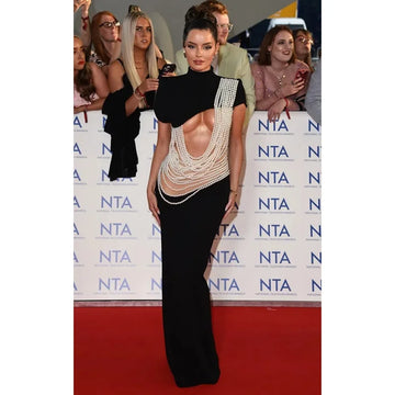 Pearl String Sexy Hollow Out Black Velvet Long Dress Elegant Woman Evening Party Dress Red Carpet Goddess Vestido