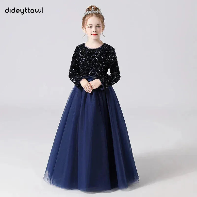 Glitter Sequins Long Sleeves Flower Girls Dresses For Wedding Tulle Birthday Party Christmas Dress For Girl