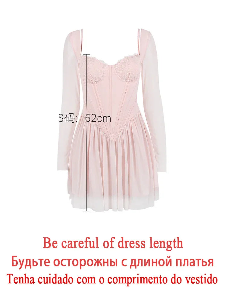 Suninheart Autumn Mesh Long Sleeve Dress Pink A Line Bodycon Birthday Party Dress Mini Holiday Vacation Dress Women