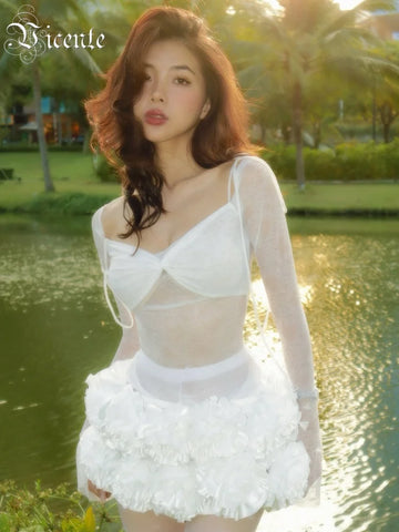 VC Sweet Fairy-Tale White & Red Off-Shoulder Lace & Puff Skirt Dress Outfit for Themed Parties