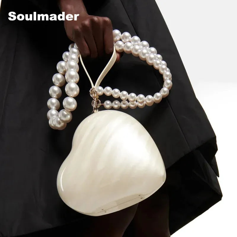 Acrylic heart bag women designer evening party cute pearl color purse new clutch handbag with strap wholesale