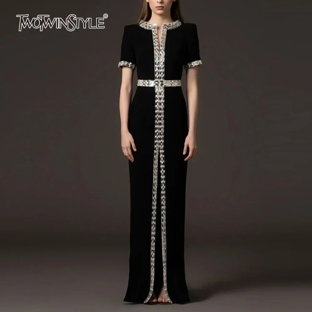 Solid Spliced Bead Elegant Dresses for Women V Neck Short Sleeves High Waist Patchwork Split Long Dress Female New