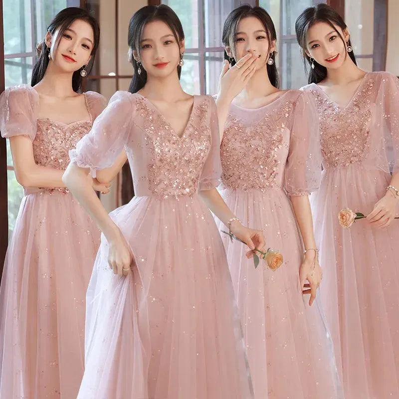 Pink Sequins Bridesmaid Dress Elegant Women Slim Lace-Up Long Wedding Party Dress Sister Group Organza Bnaquet Vestidos
