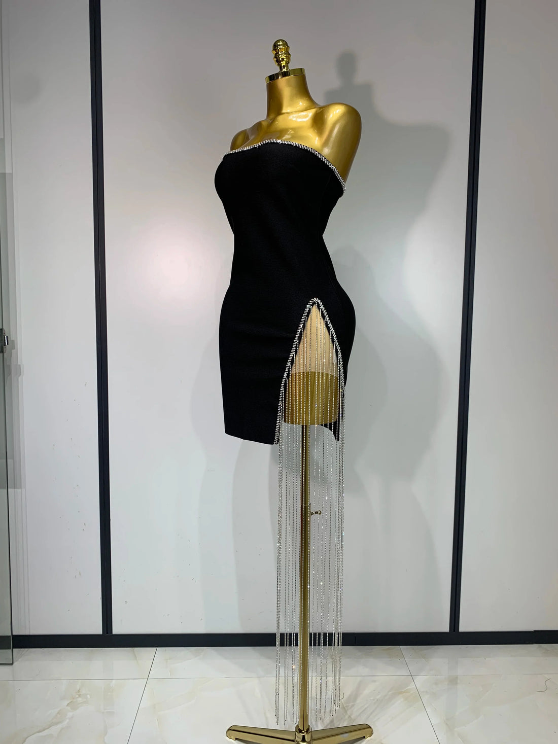 Women Celebrity Sexy Strapless Backless Black Diamond Tassels Mini Bodycon Bandage Dress  Elegant Evening Club Party Dresses