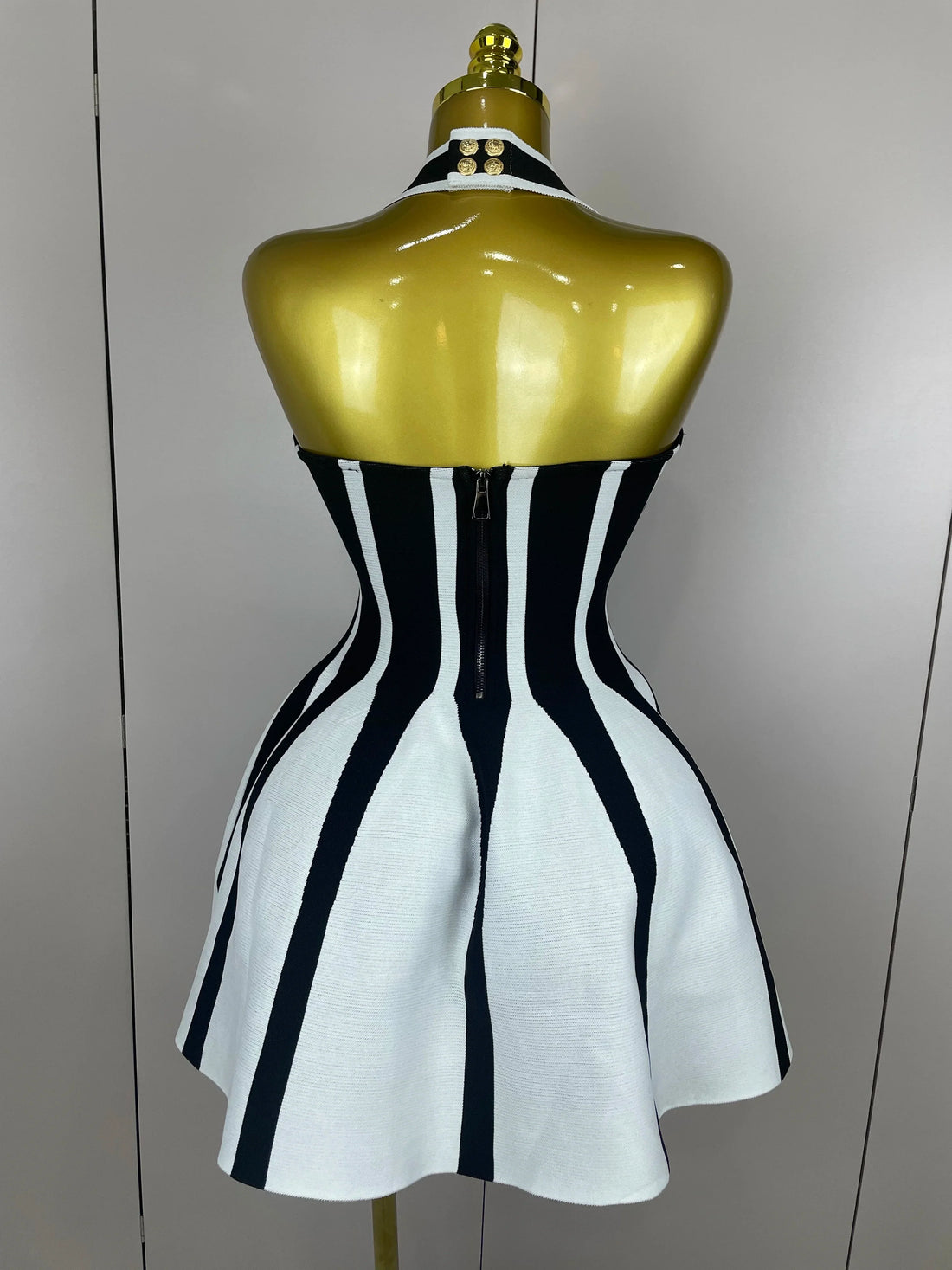 Sexy Backless Black White Stripes Halter Bandage A Line Short Dress Women Celebrity Elegant Evening Party Holiday Club Dress