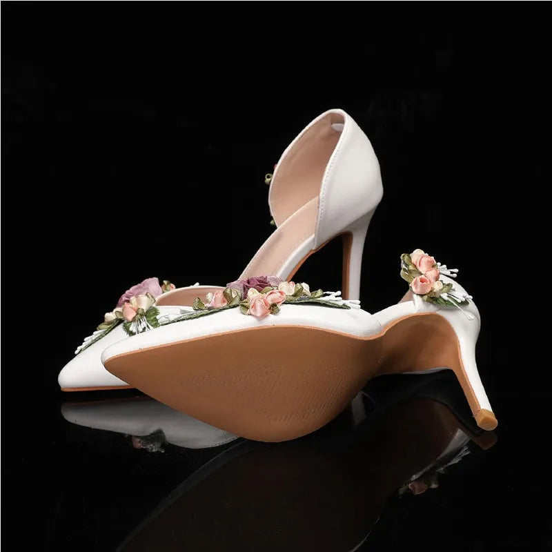2025 Fashion Flowers Leaf Satin Mary Janes Women Pumps Spring Autumn Elegant Pointed toe Thin High heels Wedding Bridal Shoes