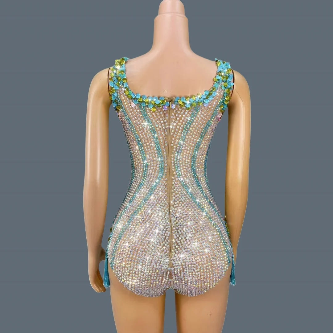 Sparkly Rhinestone Shell Tassel Bodysuit Club Dance Performance Leotard Women Nightclub Party Singer Stage Sexy Bodysuit Nanning