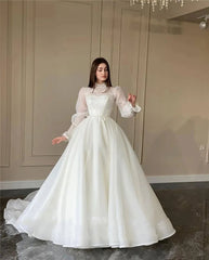 Hermoso vestido de novia elegante de cuello alto con corte A y encaje, mangas largas abullonadas, cuello alto, vestidos de novia de Corea para boda 