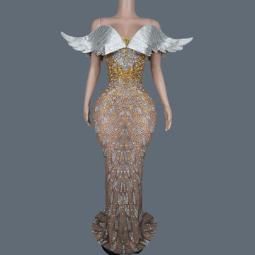 Luxury Sparkly Crystals Angel Gown Sexy Women Celebrate Party Dress High-end Wings Strapless Evening Dress Photo Shoot Wear Yuyi