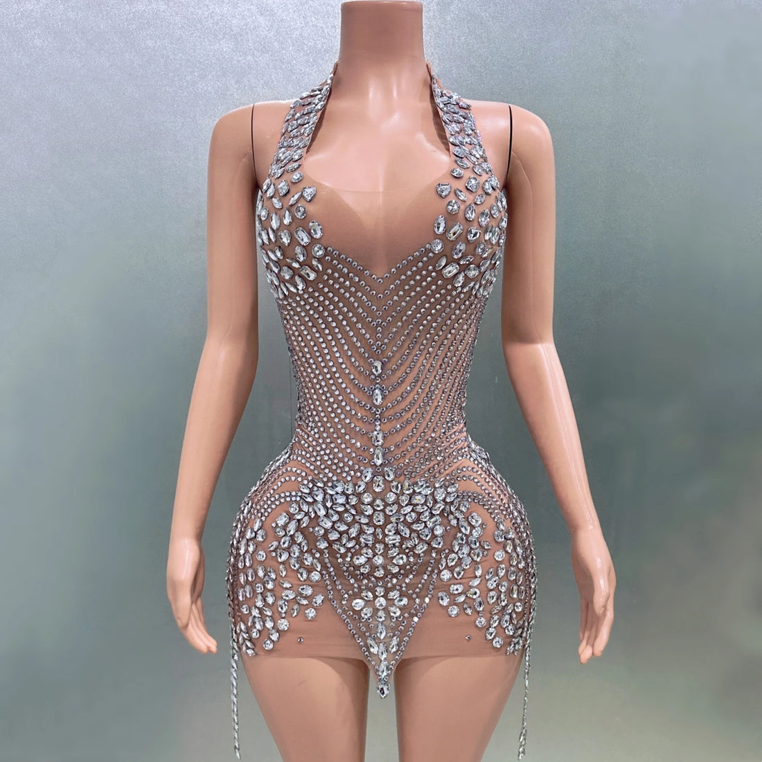 Women Sexy Halter Crystal Bodycon Mini Dress Celebrate Nightclub Party Performance Birthday Photo Shoot Dress