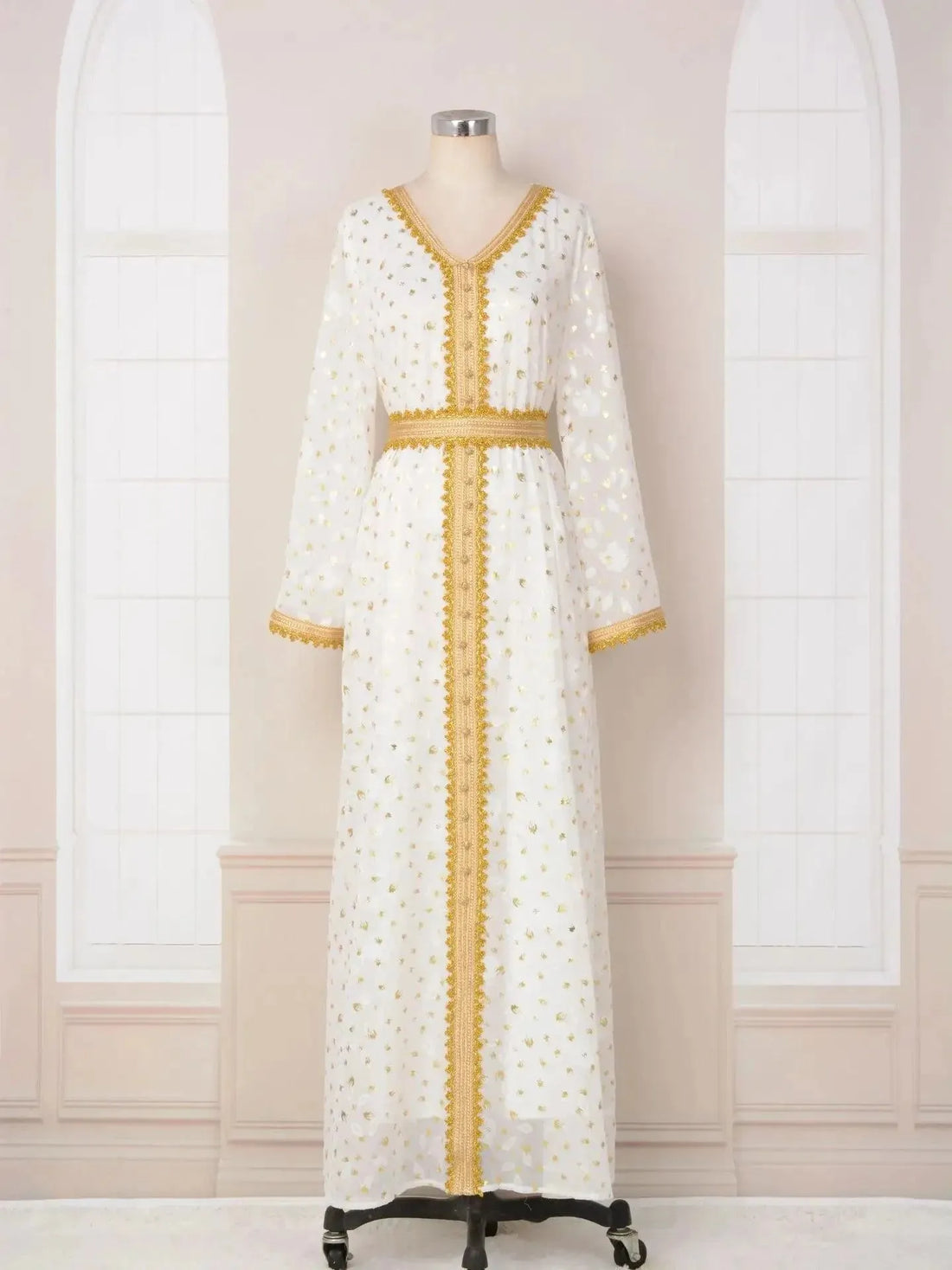 White Abaya Gold Stamping Belted Arabic Dress Woman Dubai Kuwaiti Kaftan Evening Party Jalabiya Ramadan Eid Muslim Islam Clothes White