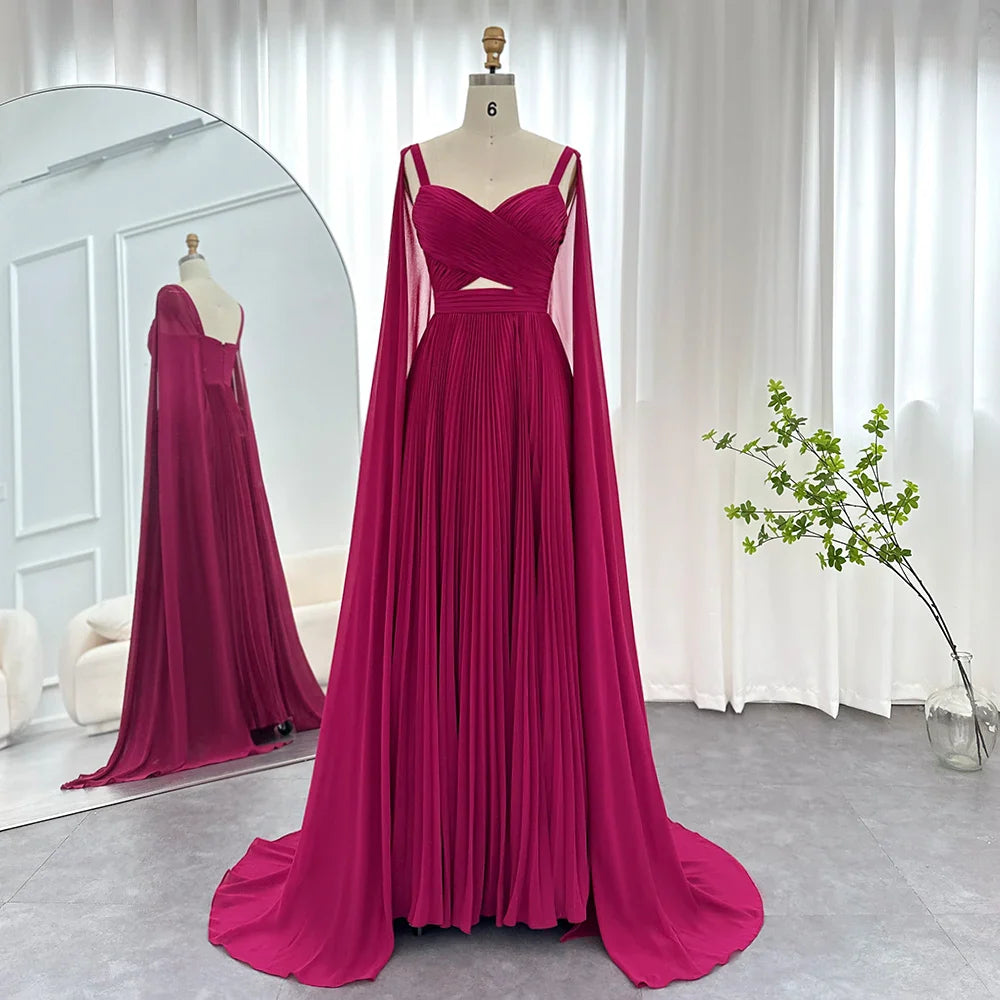 Fuchsia Chiffon Dubai Evening Dresses with Cape Sleeves Elegant Yellow Women Wedding Party Formal Gowns