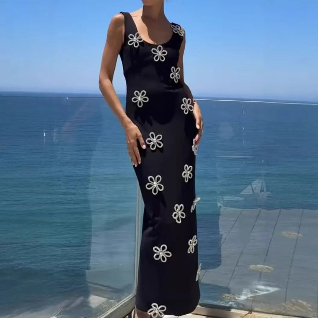 Shinning Diamond Flowers Women Sleeveless O-Neck Bodycon Bandage Long Dress Celebrate Evening Party Runway Outfit