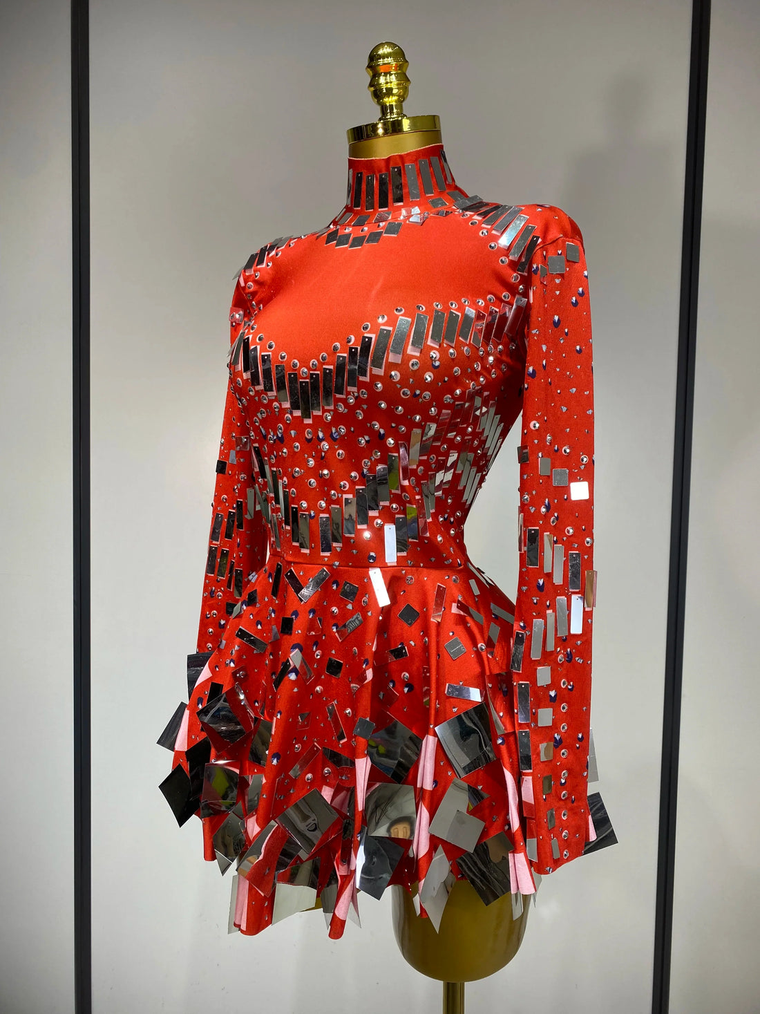 Women Sexy High Elastic A-Line Long Sleeve Dress Performance Costume Sparkly Nightclub Evening Party Hotwife Stage Outfit