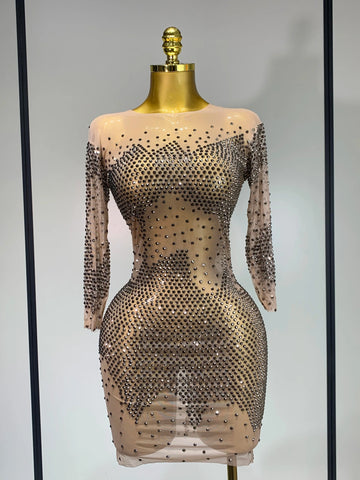 Luxury Birthday Rhinestones Half Sleeve Transparent Mini Dress Women 2025 Sexy Mesh Stretch Performance Celebrity Stage Wear