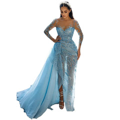 Luxurious Sexy Evening Dresses Full Sleeve Side Train Mermaid Prom Dress Sky Blue High Neck Formal Party Gowns