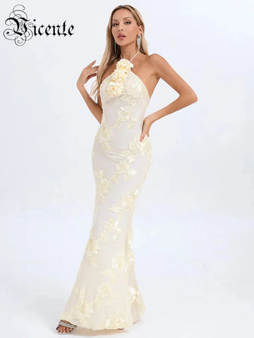 VC Sexy Halter Neck  3D Flowers Bodycon Long Dress Women Beige Sleeveless Lace-up Floor Length Evening Party Long Wedding Gowns