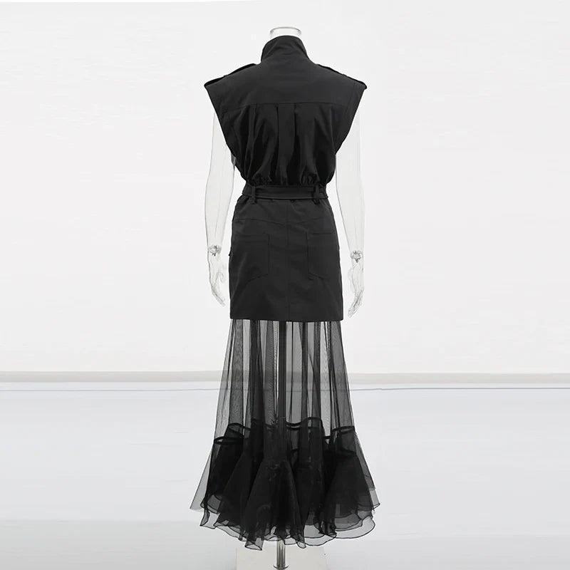 Solid Sheer Spliced Mesh Folds Dress for Women Round Neck Sleeveless Patchwork Zipper elegant Dress Female Fashion