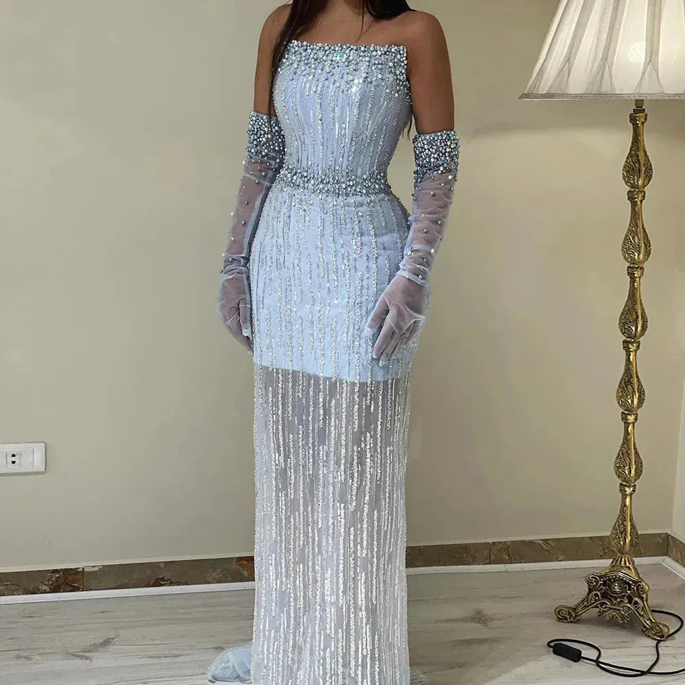 Light Blue Pearls Luxury Dubai Evening Dresses Elegant Strapless Arabic Women Wedding Party Formal Gowns Short Lining Evening Dress