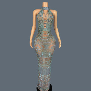 Luxury Couture Rhinestone Elegant Evening Dress Women Birthday Celebrate Party Gown Sexy Mesh See Through Photo Shoot Dress Miwu