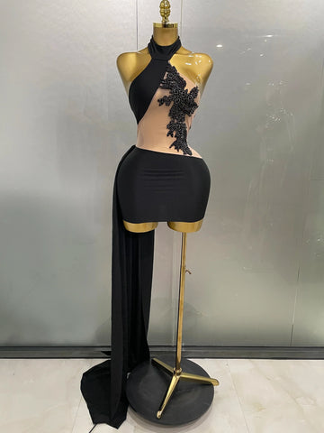 Sexy Sparkly Beaded Mesh See-Through Backless Cocktail Short Dress Women Evening Prom Celebrate Birthday Party Stage Costume