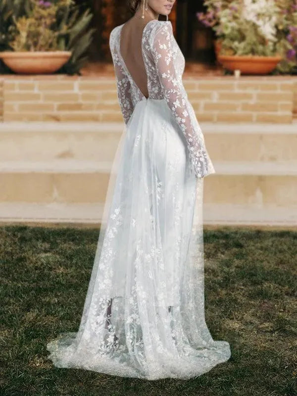 White Jumpsuit Beach Wedding Dresses Jewel Neck Long Sleeve Backless Ankle Length Bridal Outfit Lace Summer Wedding Gowns Beige