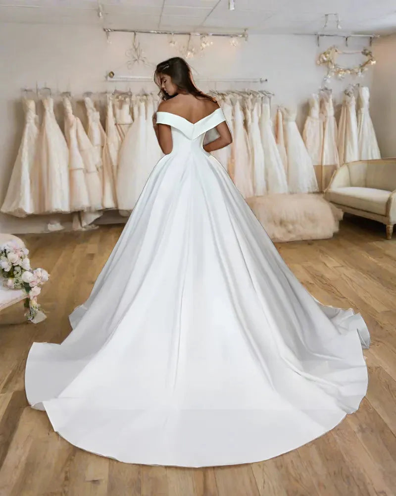 Gorgeous A Line Wedding Dresses For Woman Off The Shoulder V Neck Satin Formal Princess Fashion Bride Gowns Vestidos De Novia As Picture Satin