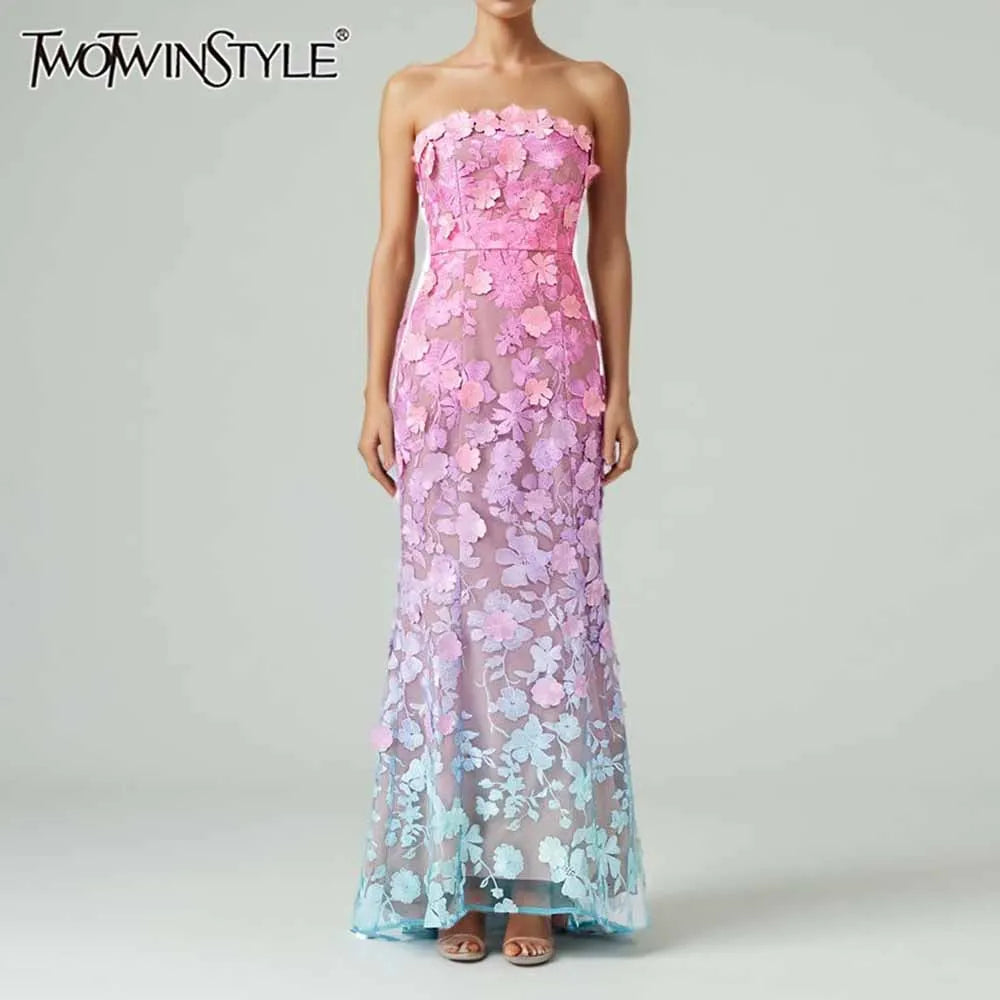 Colorblock Spliced Appliques Elegant Dresses for Women Strapless Sleeveless Gradient Dress Female Fashion Clothing