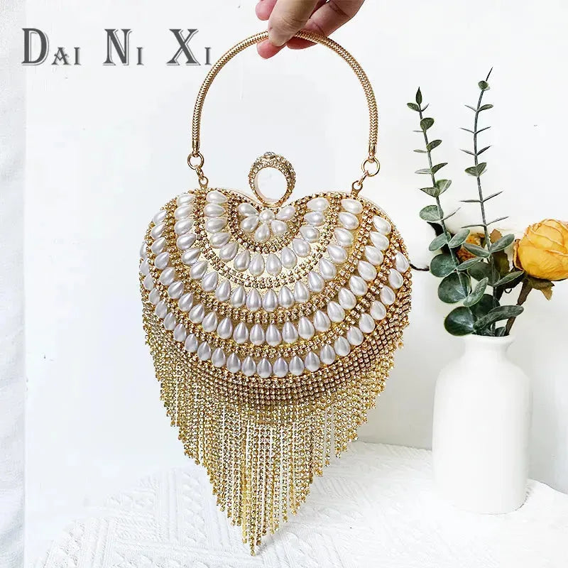 Luxury Bling Heart Shape Diamond Tassel Evening Clutch Rhinestones Purse Wedding Party Purse Ladies Fashion Bag Gold