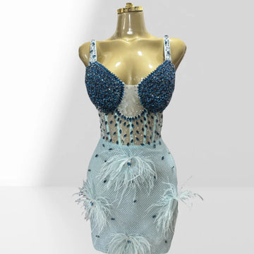 2025 Luxury Feathers Blue Diamonds Sexy See Through Spaghetti Mini Dress Woman Birthday Party Vestido Club Party Outfit