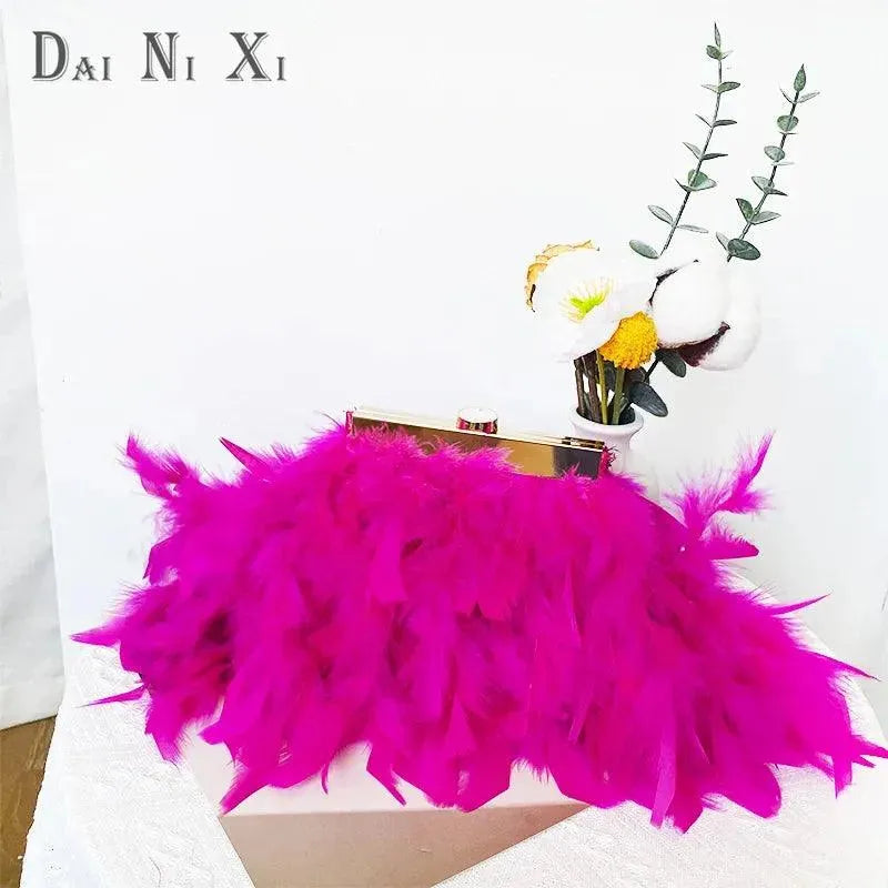 New Turkey Feather Crossbody Clutch Ostrich Feather Chain Evening Ladies Purse Shoulder Bag Red