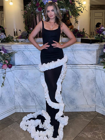VC Robe artistique noire et blanche à bretelles, détails à volants, pour galas créatifs
