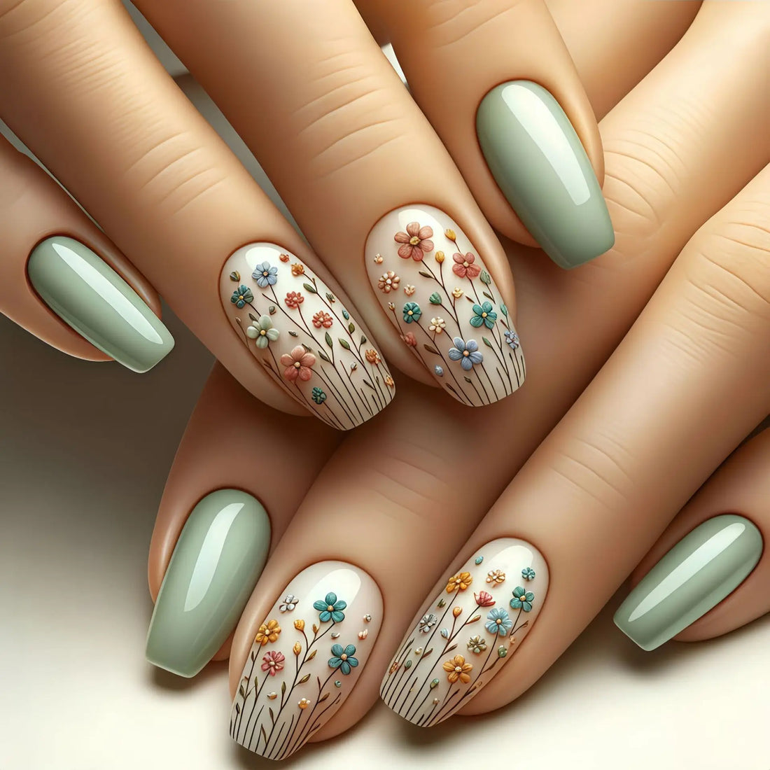 24pcs Acrylic Press on Nails Medium Green Flower Plants Pattern Fake Nails with Glue Ballet Full Cover Wearable False Nail Tips