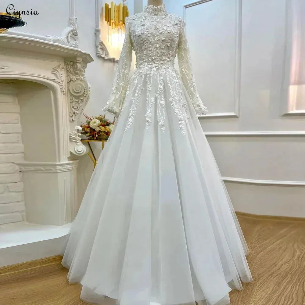 High Neck A Line Princess Wedding Dresses For Women Bride Full Sleeves Lace 3D Flowers Elegant Bridal Party Gown White
