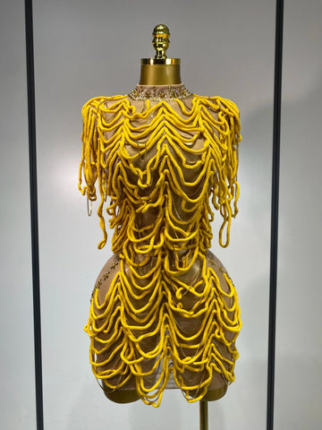 Women Sexy Mesh See Through Designer Rhinestones Chain Stage Performance Costume Nightclub Celebrate Party Luxury Birthday Dress