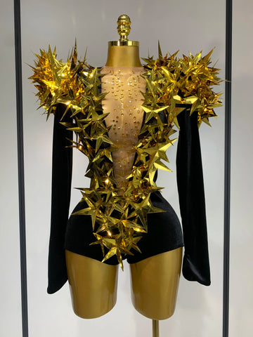 Women Sparkly Gold Rhinestone Black Velvet Long Sleeve Bodysuit Evening Party Club Gala Hosts Night Club Bar Stage Costumes