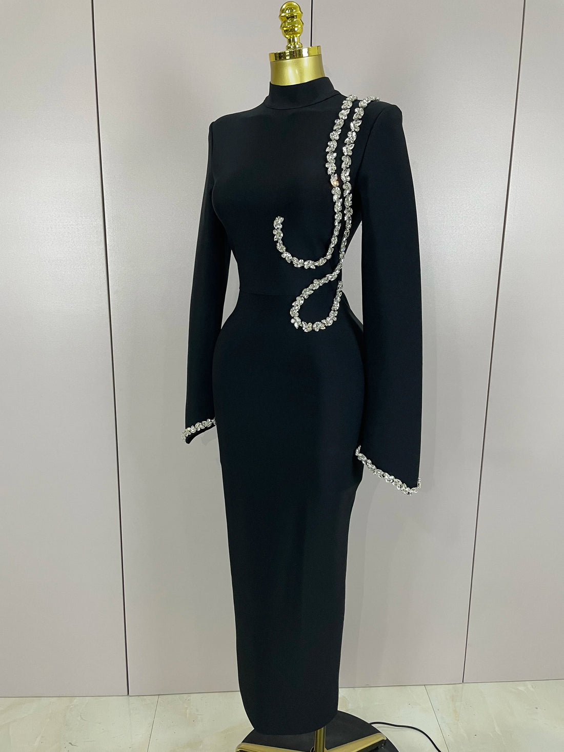 Sexy Long Sleeve Diamonds Maxi Long Bodycon Bandage Dress  Women Celebrity Elegant Evening Party Luxury Birthday Dresses