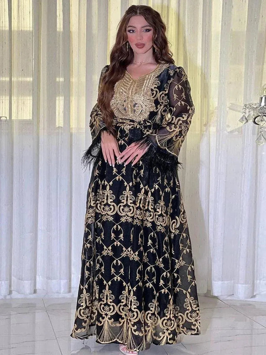 Dubai Gold Floral Embroidery Sequins Feathers Patchwork Long Sleeve V Collar Ethnic Party Gown With Sashes Eid Al-Adha Green Dress