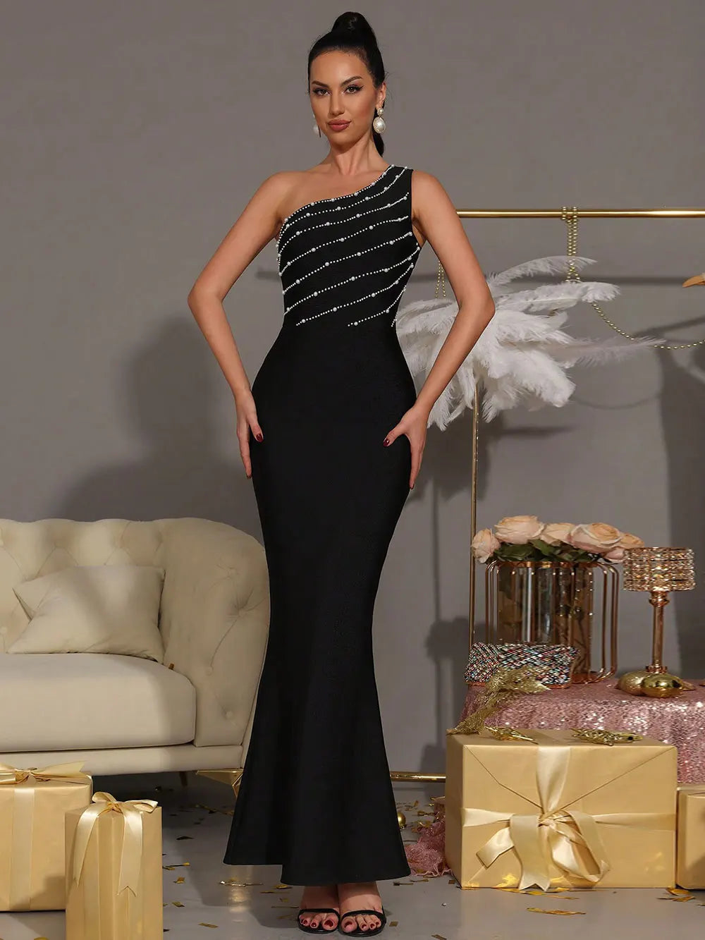 2025 Elegant Women Nail Bead Design Bandage Dress One Shoulder Sleeveless Bodycon Long Dress Cocktail Evening Club Party Vestido