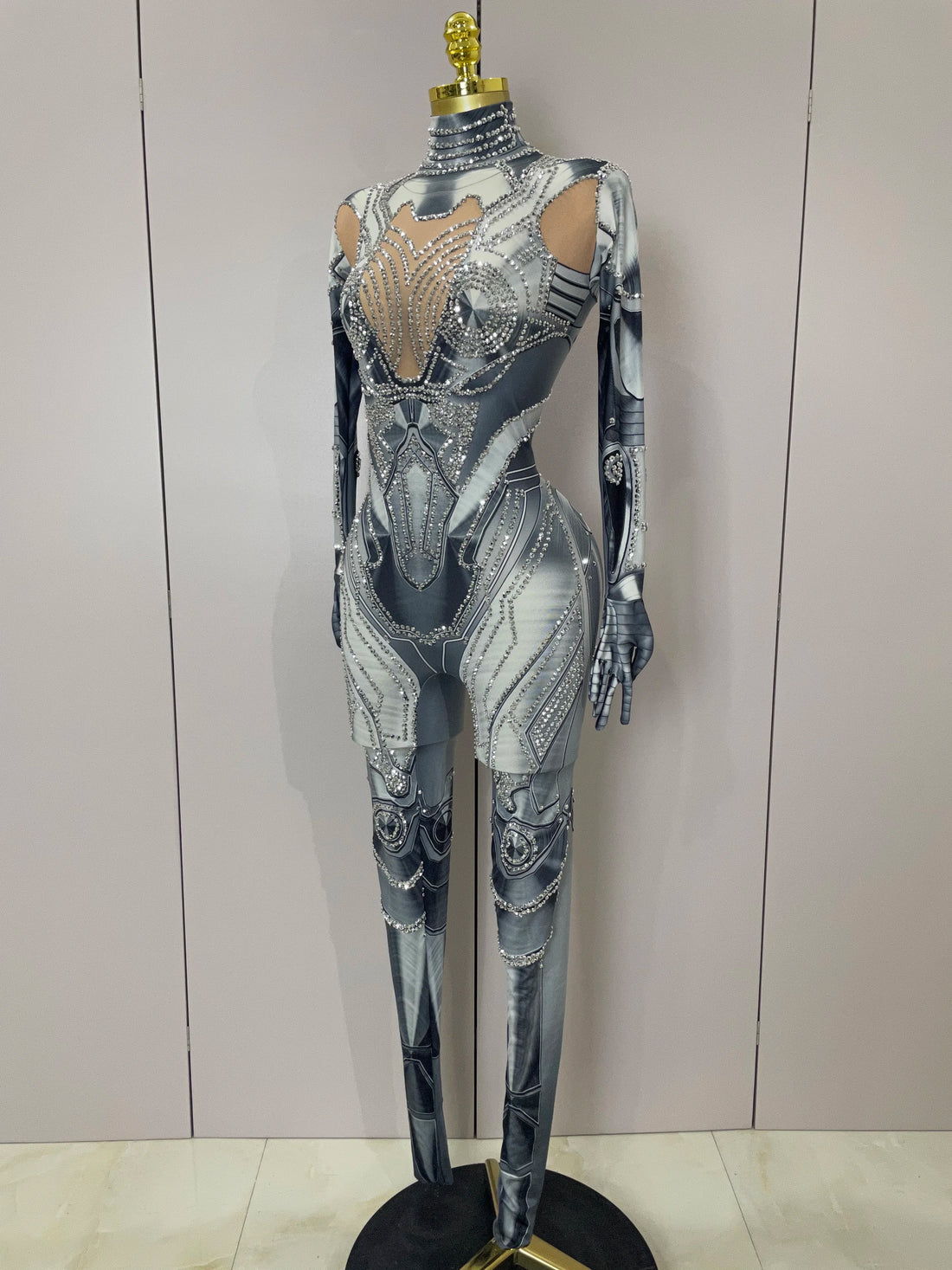 2025 New Trendy Women Sexy Rhinestones Printed Skinny Jumpsuit High Street Performance Dance Costume Bar Club Show Stage Wear