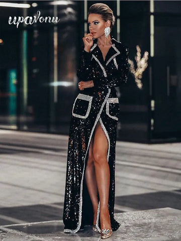 Celebrity Evening Cocktail Party Maxi Dress Women Polo Neck Long Sleeve Double breasted Pocket Design Slim Fit Split Long Dress