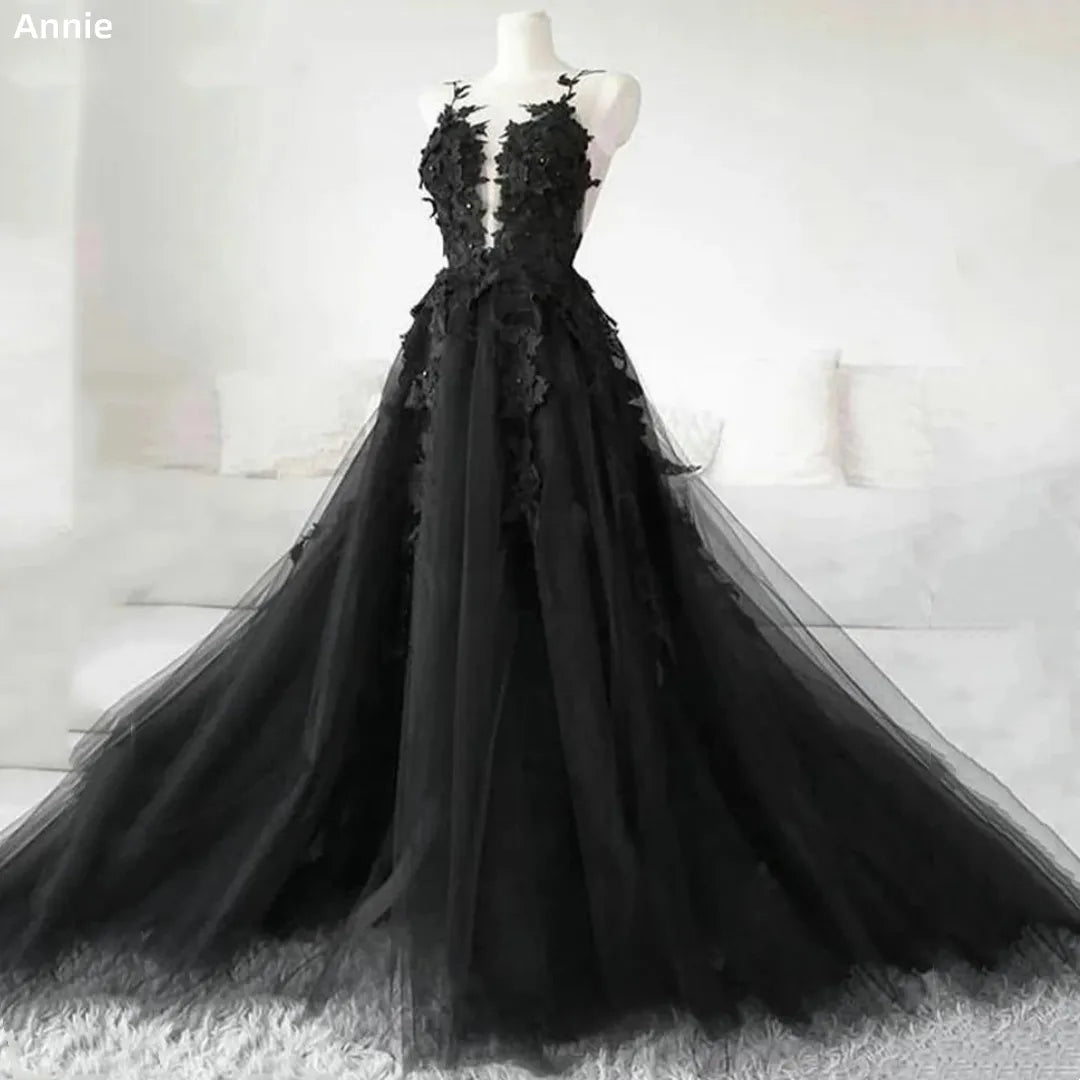 Black Prom Dresses Luxury Tulle Evening Dress Embroidered Gothic Wedding Dress  Custom Robe Party Dress  Vestidos De Noche